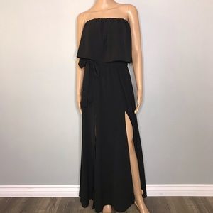 Strapless slit black maxi dress